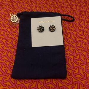 Tory Burch Black and Gold Logo Earrings